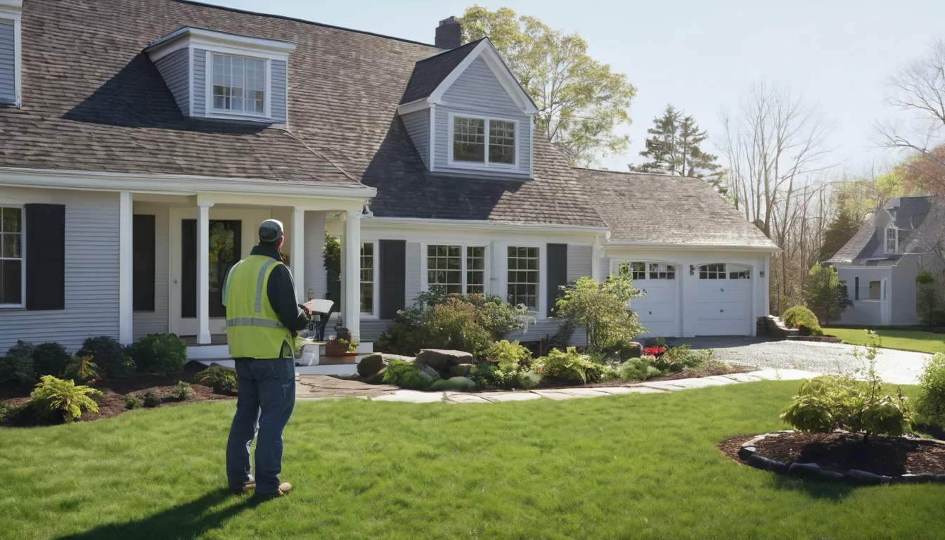 A friendly septic service provider talking with a homeowner in a Pawtucket front yard