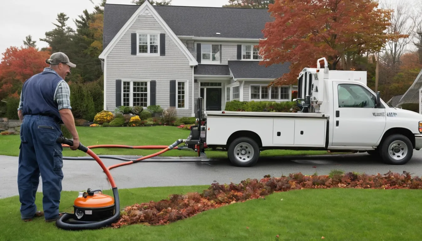 Friendly provider technician beside a pumper truck on a residential lawn in the Pawtucket area during a septic tank pumping visit